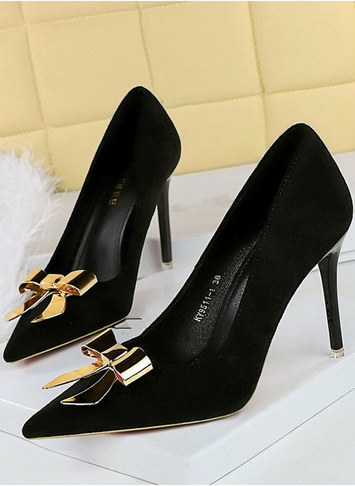 BIGTREE Women's Suede Closed Pointed Toe Stiletto Pump Metal Bowknot Decoration High Heels Black 10.5CM  - Image 1