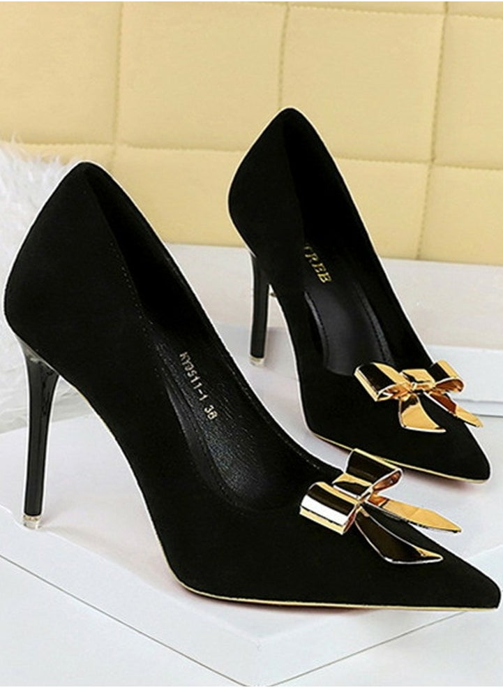BIGTREE Women's Suede Closed Pointed Toe Stiletto Pump Metal Bowknot Decoration High Heels Black 10.5CM  - Image 2