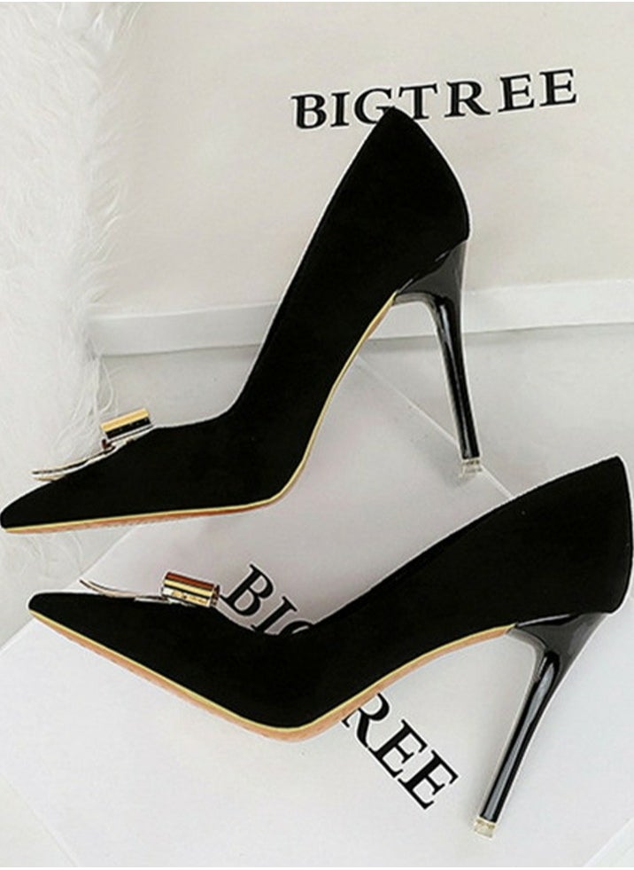 BIGTREE Women's Suede Closed Pointed Toe Stiletto Pump Metal Bowknot Decoration High Heels Black 10.5CM  - Image 3