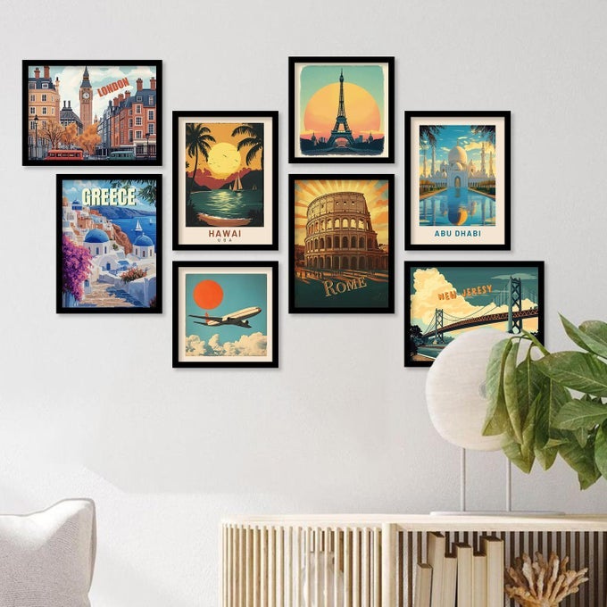 RETRO TRAVEL THEME WALL POSTER WITH FRAME FOR ROOM OFFICE LIVING ROOM HOTEL HOME DECOR MODERN ART CITY VIBES WALL DECOR PHOTO FRAMES FRAMED POSTERS PAINTINGS SET OF 8 ART 1 SMALL10X13 OR 10X10 INCH FRAMED