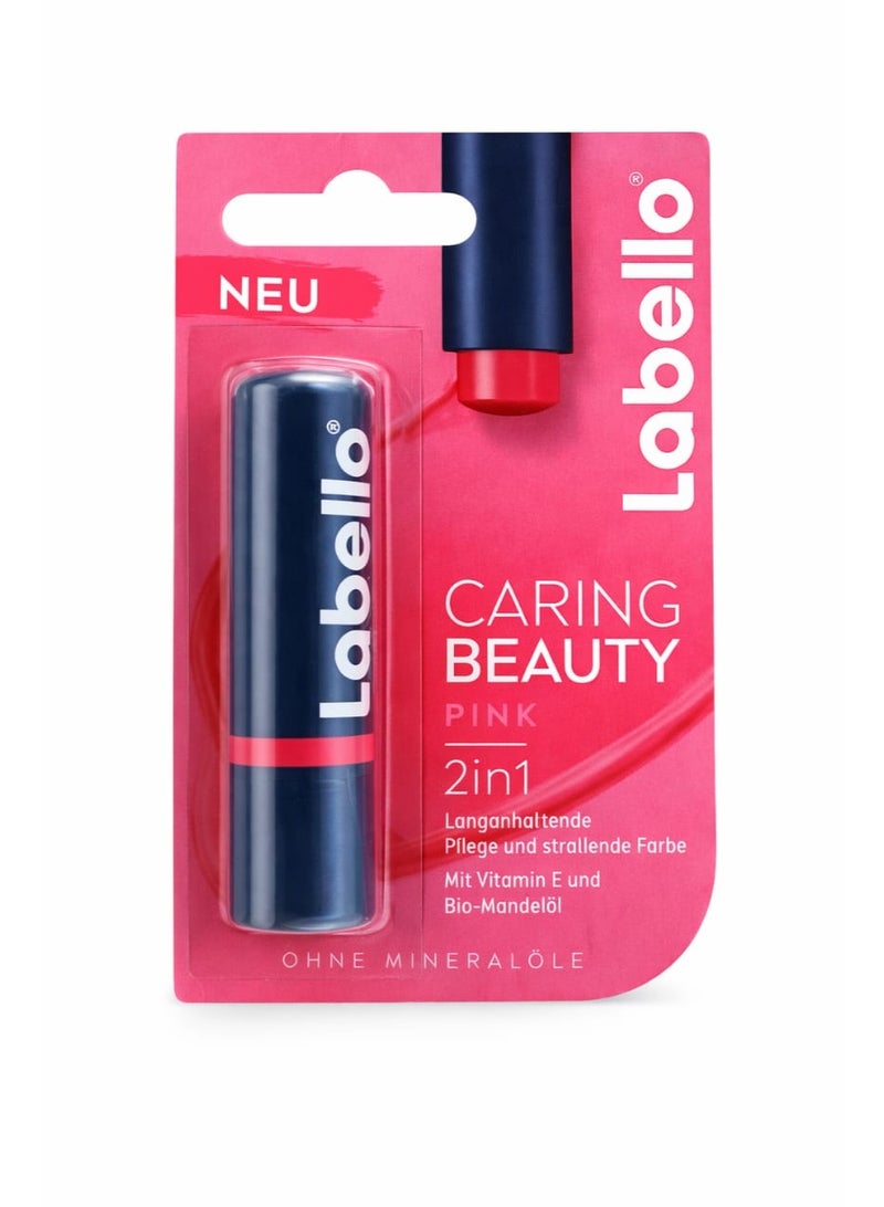 Labello Caring Beauty Pink 2-in-1 lip balm provides long-lasting hydration with a natural pink tint, enriched with Vitamin E and organic almond oil, mineral oil-free, size 4.8g. - Image 1