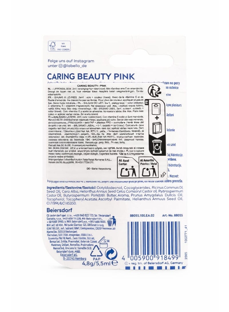 Labello Caring Beauty Pink 2-in-1 lip balm provides long-lasting hydration with a natural pink tint, enriched with Vitamin E and organic almond oil, mineral oil-free, size 4.8g. - Image 3