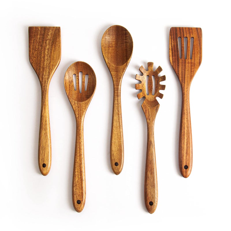 KITEISCAT Acacia Wooden Spoons for Cooking: 5-Piece Kitchen & Cooking Utensils Set - Wooden Spatula, Slotted & Pasta Spoon - Essential Wooden Utensil Set - Image 1