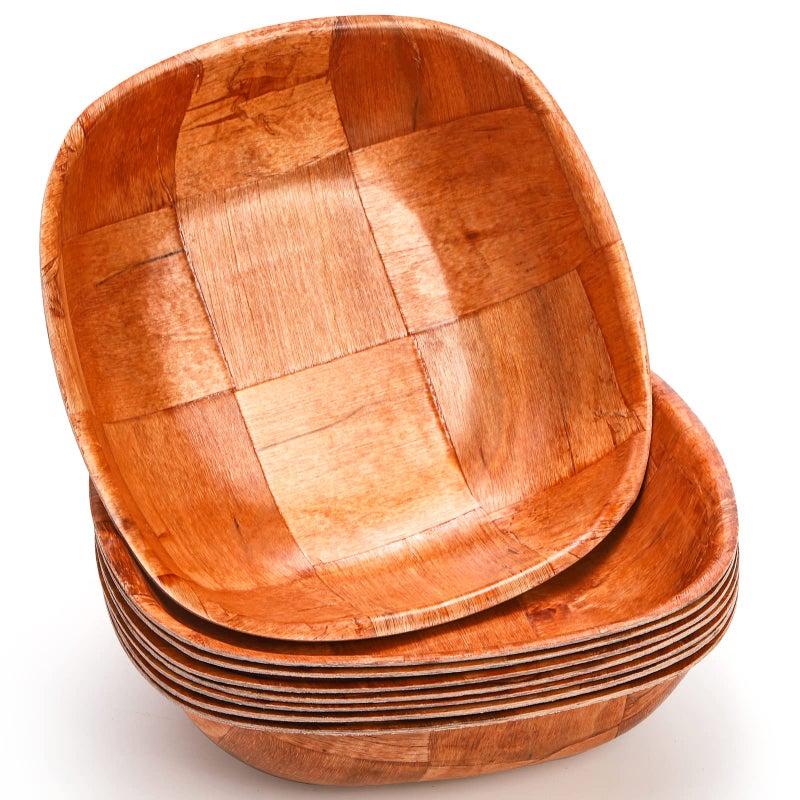 Elsjoy 8 Pack 8 Inch Wooden Woven Salad Bowl Reusable Square Serving Bowl Woven Wood Mixing Bowl Set Unbreakable Snack Bowls for Salad Fruits Snacks