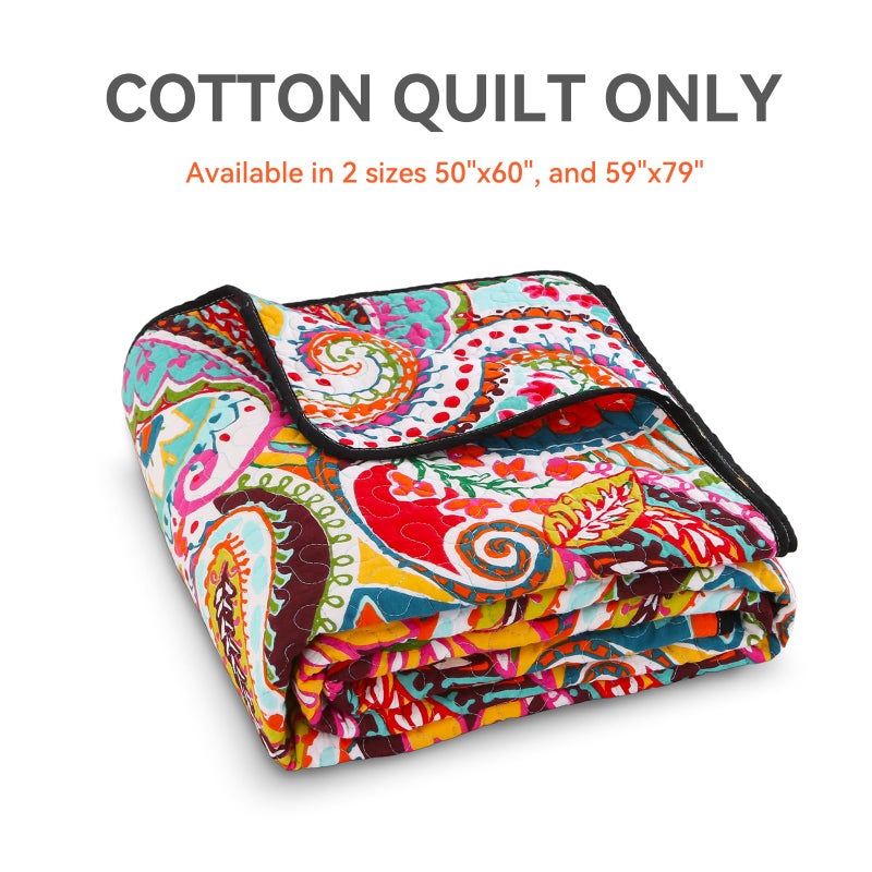 Qucover Cotton Quilted Throw Blanket, Soft Boho Quilt 59"x79", Bright Colorful Red, Orange, Pink and Blue Reversible Paisley Lightweight Quilts for Couch Sofa Beds - Image 3