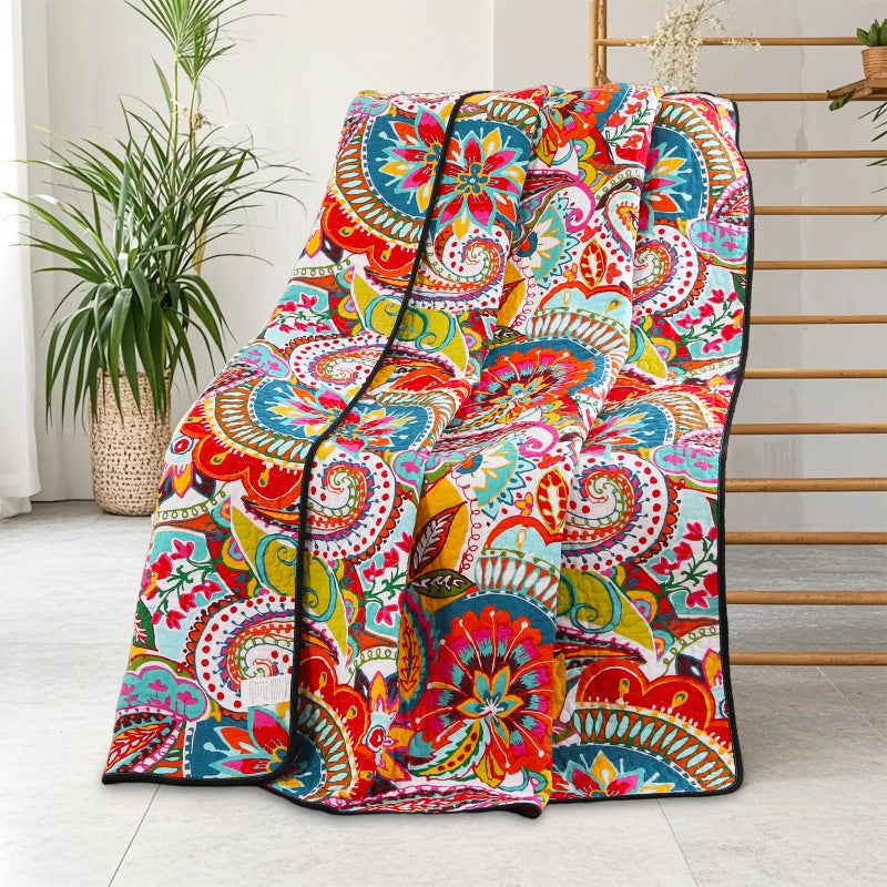 Qucover Cotton Quilted Throw Blanket, Soft Boho Quilt 59"x79", Bright Colorful Red, Orange, Pink and Blue Reversible Paisley Lightweight Quilts for Couch Sofa Beds - Image 1