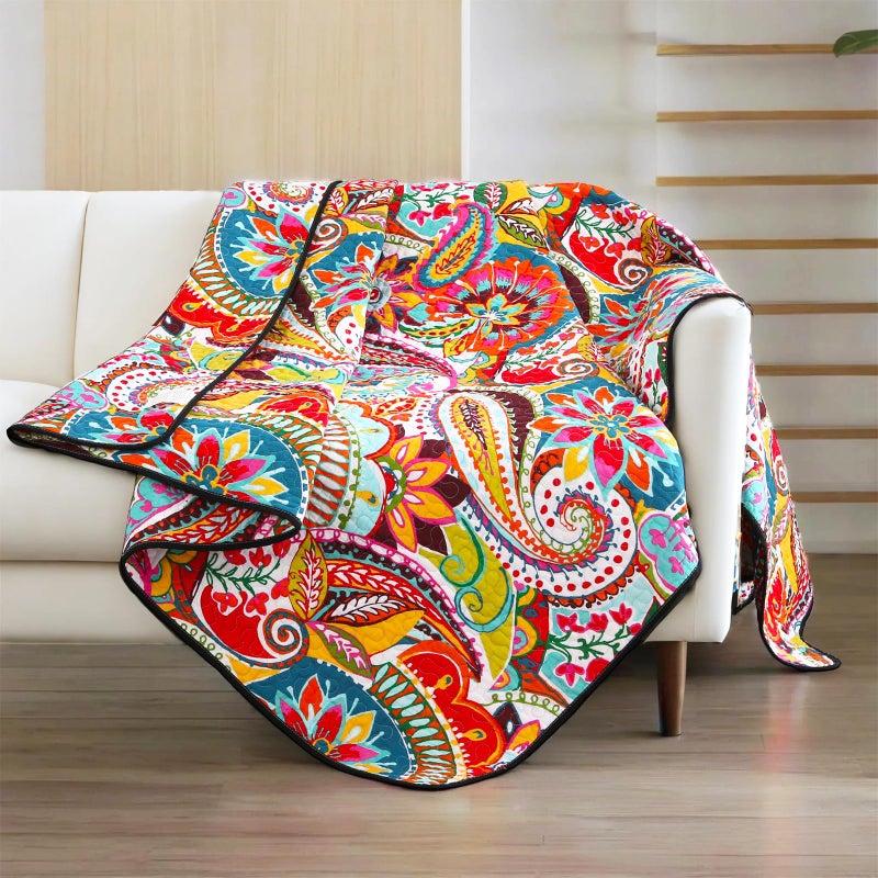 Qucover Cotton Quilted Throw Blanket, Soft Boho Quilt 59"x79", Bright Colorful Red, Orange, Pink and Blue Reversible Paisley Lightweight Quilts for Couch Sofa Beds - Image 2