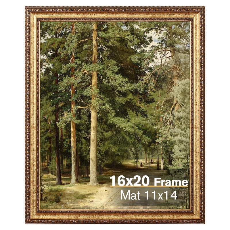 Splinterix 16x20 Gold Picture Frame Ornate Vintage Picture Frames for Wall or Tabletop Display 16 x 20 Photo Frame Gold with Non Glare Plexialass Display Poster 11x14 with Mat or 16x20 without Mat for Antique Dco