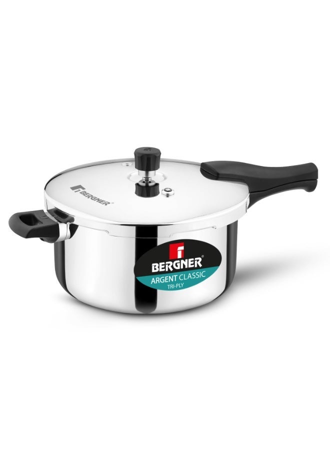 Bergner Argent Classic Triply Stainless Steel 6.5 Liters Outer Lid Pressure Cooker, Triply Cooker with Resettable Safety Valve, Sturdy Handle, Easy to Use and Clean - Induction and Gas Stove Ready