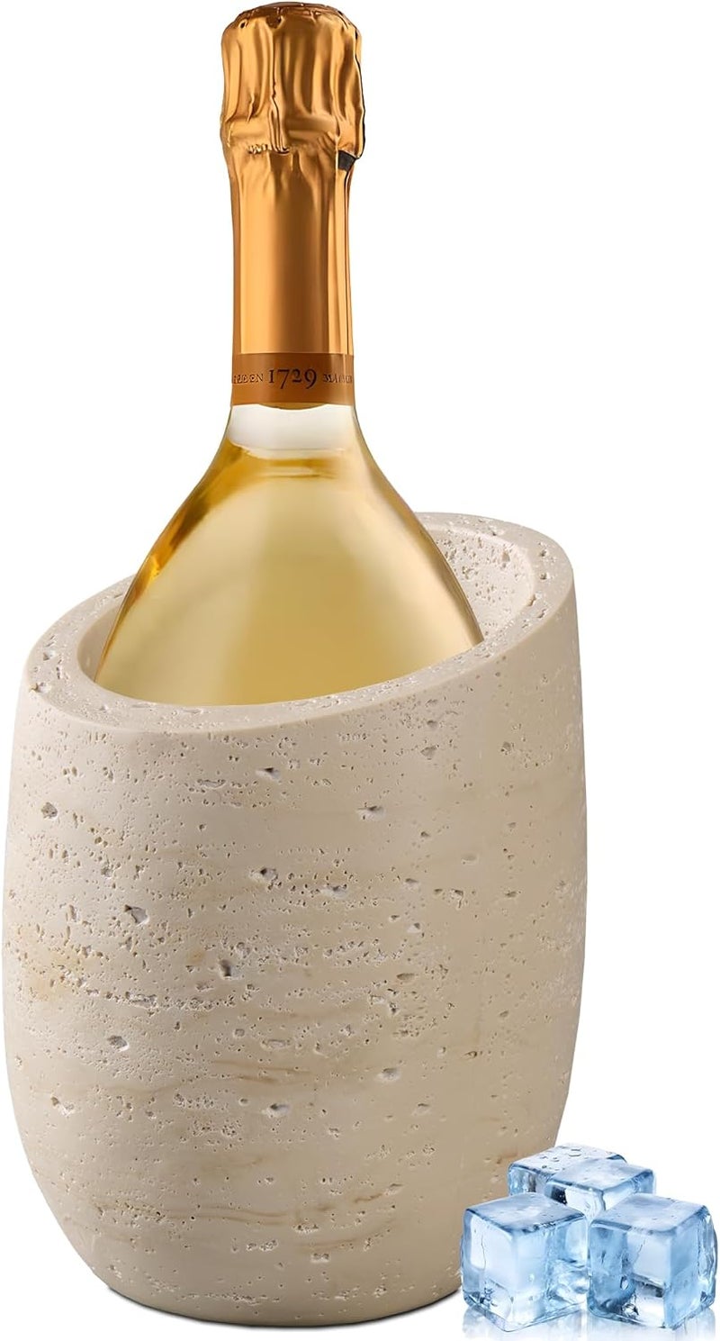 HOLOLA Natural Travertine Textures Wine Chiller Bucket – 750ml Resin Cooler for Wine & Champagne Bottles, Party Bar Cart Decor – Keeps Drinks Cold, Unique Gift for Wine Lovers, Housewarming (Beige) - Image 1