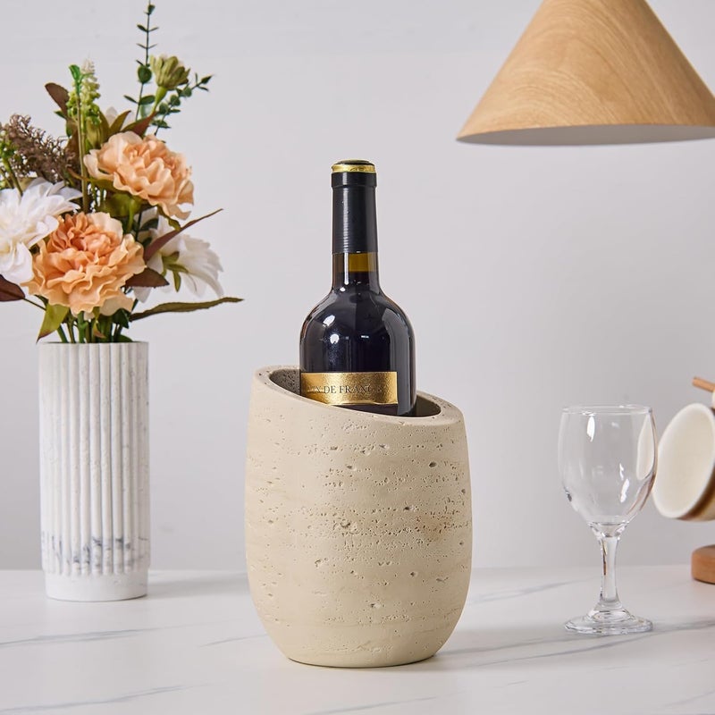 HOLOLA Natural Travertine Textures Wine Chiller Bucket – 750ml Resin Cooler for Wine & Champagne Bottles, Party Bar Cart Decor – Keeps Drinks Cold, Unique Gift for Wine Lovers, Housewarming (Beige) - Image 2