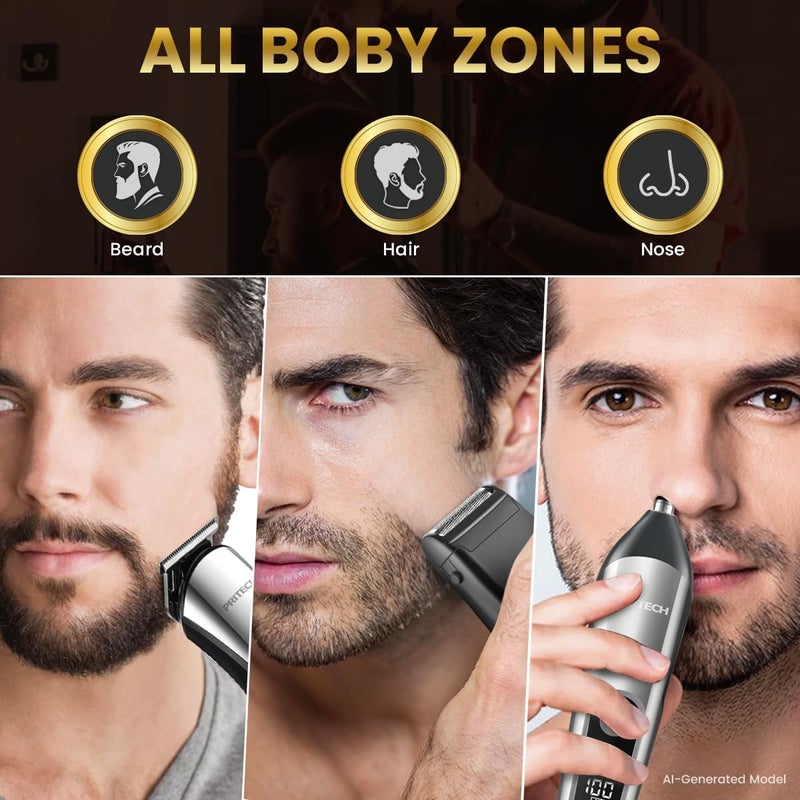 Pritech Hair Clippers for Men, Nose Trimmer, Micro Shavers 3 in 1 Men's Care Kit Wireless Rechargeable Electric Hair Trimmer with LED Display and T Cutting Head, IPX6, Black - Image 2