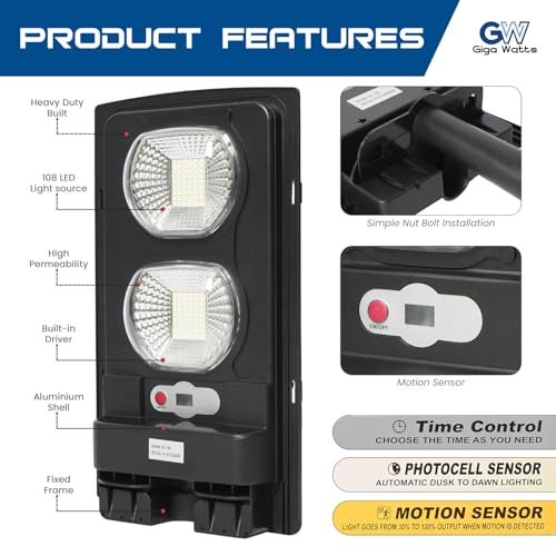 Gigawatts 108 LED 40W Solar Street Light with Wall Bracket & Remote Control 3.5Ah Battery Inbuilt 6W Solar Panel IP65 Water Resistant Outdoor Lamp for Wall Pathway Garden and Patio (1Pc, Cool White) - Image 2