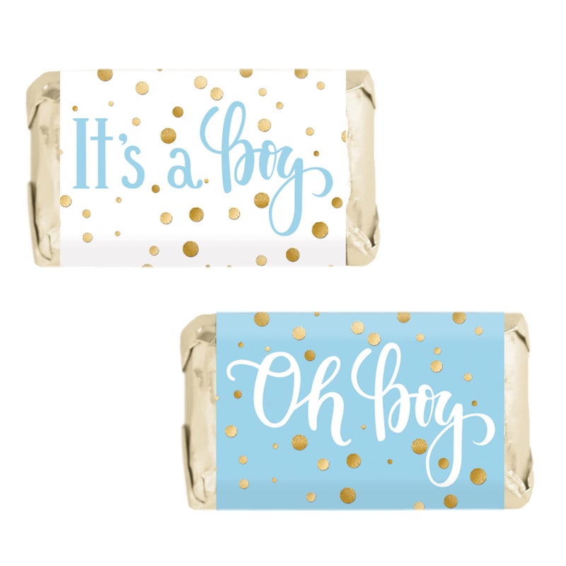 DISTINCTIVS Blue and Gold It's a Boy Baby Shower Wrappers for Mini Chocolate Bars, Baby Shower Party Favor Candy Stickers - 42 Count - Image 1