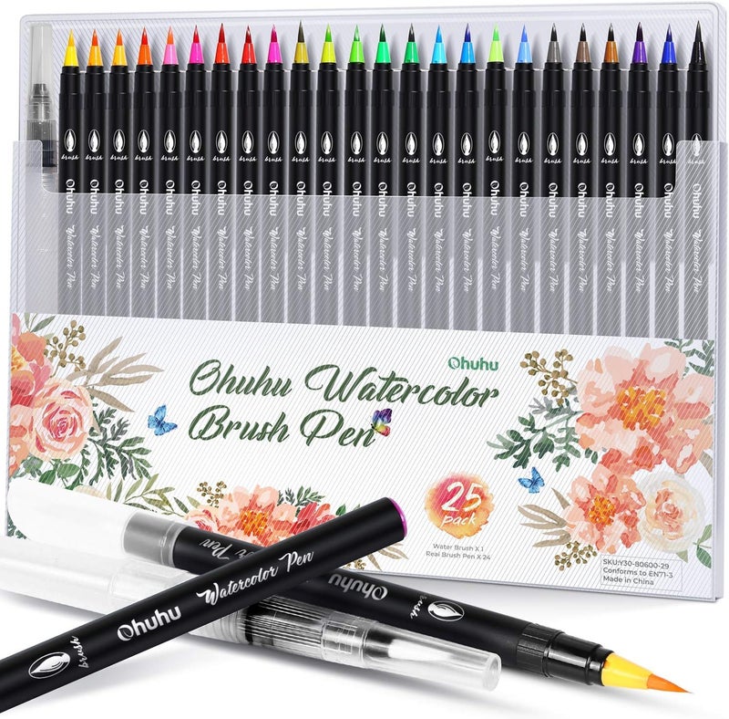 Ohuhu Professional Watercolor Brush Markers Pen 24 Colors of Ohuhu, Water Based Drawing Marker Brushes W/A Blending Aqua Pen, Water Soluble for Adult Coloring Books Comic Calligraphy - Image 1
