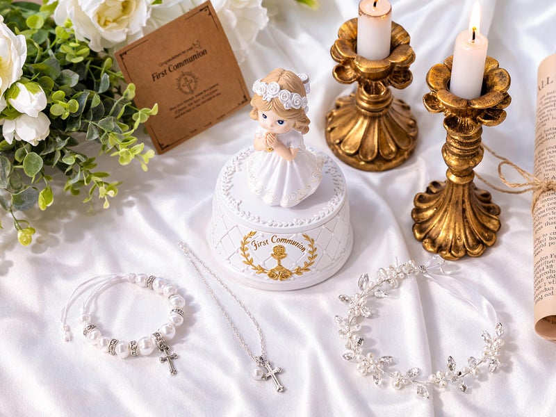 Gleemoria First Communion Gifts for Girls- First Holy Girl Figurine with Keepsake Box & Flower Girl Headpiece & Cross Necklace & Cross Bracelet Included, 1st Communion Gifts for Girls - Image 2