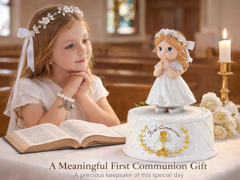 Gleemoria First Communion Gifts for Girls- First Holy Girl Figurine with Keepsake Box & Flower Girl Headpiece & Cross Necklace & Cross Bracelet Included, 1st Communion Gifts for Girls - Image 3