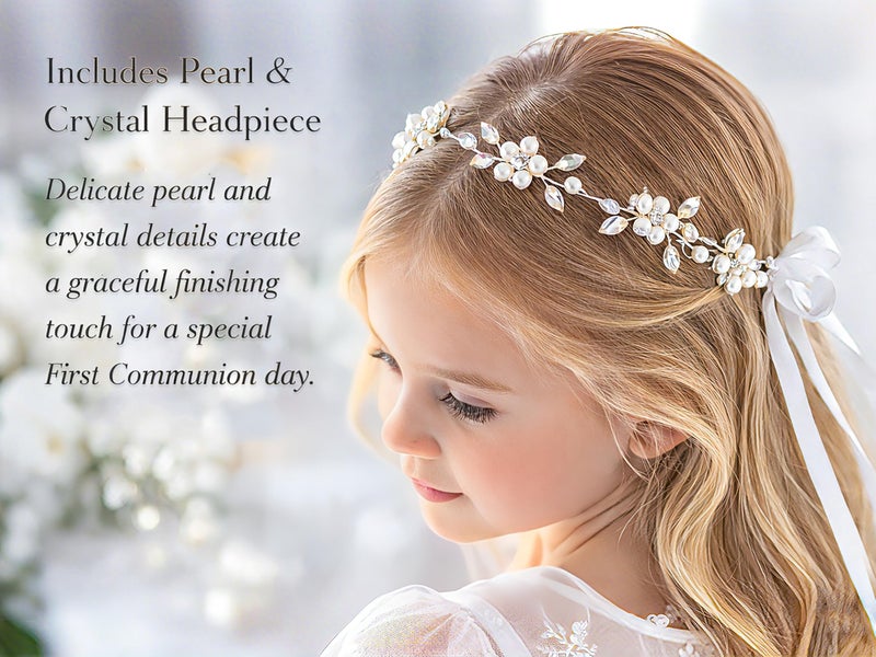 Gleemoria First Communion Gifts for Girls- First Holy Girl Figurine with Keepsake Box & Flower Girl Headpiece & Cross Necklace & Cross Bracelet Included, 1st Communion Gifts for Girls - Image 4