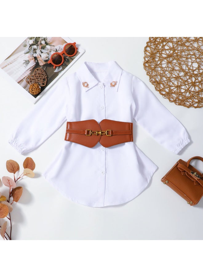 طقم بنات أبيض خريفي فستان قميص مع حزام مرن PU وحزام زخرفي مشبك قطعتين