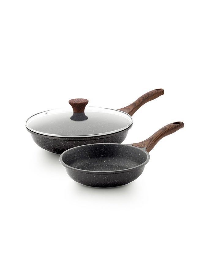 roaiss Swiss Granite Coating Non-Stick Frying Pan Skillets (20+26Cm With Lid) With Wooden Handle, Pfoa/Pfos/Apeo Free, Omelette Pans, Healthy Cookware Chef'S Pan, Pfoa Free, Dishwasher Safe,  Black - Image 1