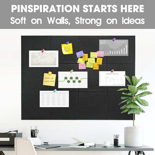 UBZMOK Large Cork Board Felt Wall Tiles 24 Pack 70x47 Felt Bulletin Board Pin Board with 48 Safe Removable Adhesive Tabs 60 Push Pins Alternative Cork Board for Walls Home Office Black - Image 3