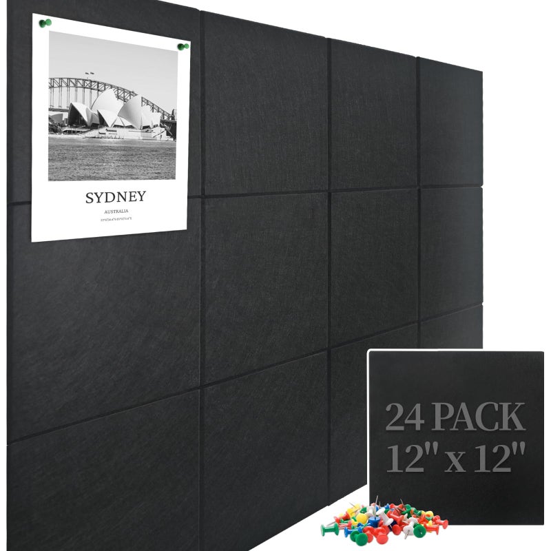 UBZMOK Large Cork Board Felt Wall Tiles 24 Pack 70x47 Felt Bulletin Board Pin Board with 48 Safe Removable Adhesive Tabs 60 Push Pins Alternative Cork Board for Walls Home Office Black - Image 2
