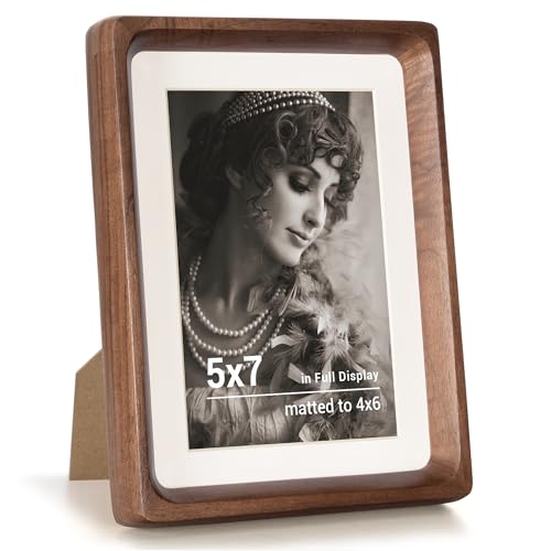 Fun Memories 5x7 Picture Frame USASourced Walnut Wood Photo Frames with HD Tempered Glass Handcrafted Rounded Corner 5 x 7 Wooden Frames Matted to 4x6 Photos 5x7 Frame Tabletop or Wall Display - Image 1