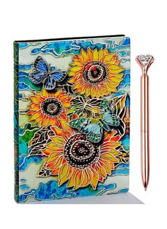 Y&D 3D Sunflower Journal Writing Notebook with Diamond Pen Set, Antique Handmade Leather Daily Notepad Sketchbook, Travel Diary&Notebooks to Write in, Gift for Girls Women (Sunflower-Color)  - Image 1