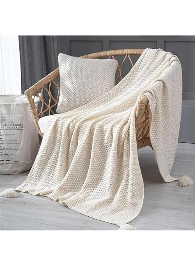 HOOKOR Knitted Throw Blankets, Cozy Lightweight Decorative Throw, Warm Woven Blanket with Tassels for Couch Sofa, Bed and Living Room, All Seasons Suitable for Women, Men and Kids (Beige, 130X170cm) - Image 1