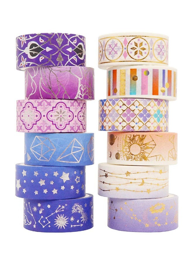Galaxy Washi Tape Set Purple Stars Decorative Tapes Silver Gold Foil Masking for Arts, DIY Crafts, Journal Supplies, Planners, Scrapbook, Gift Wrapping (Purple Night 12 Rolls)