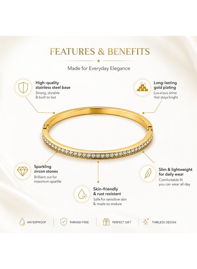 Le Paris Jewels Slim Pavé Bangle, Stainless Steel, Yellow Gold Plated - Image 2