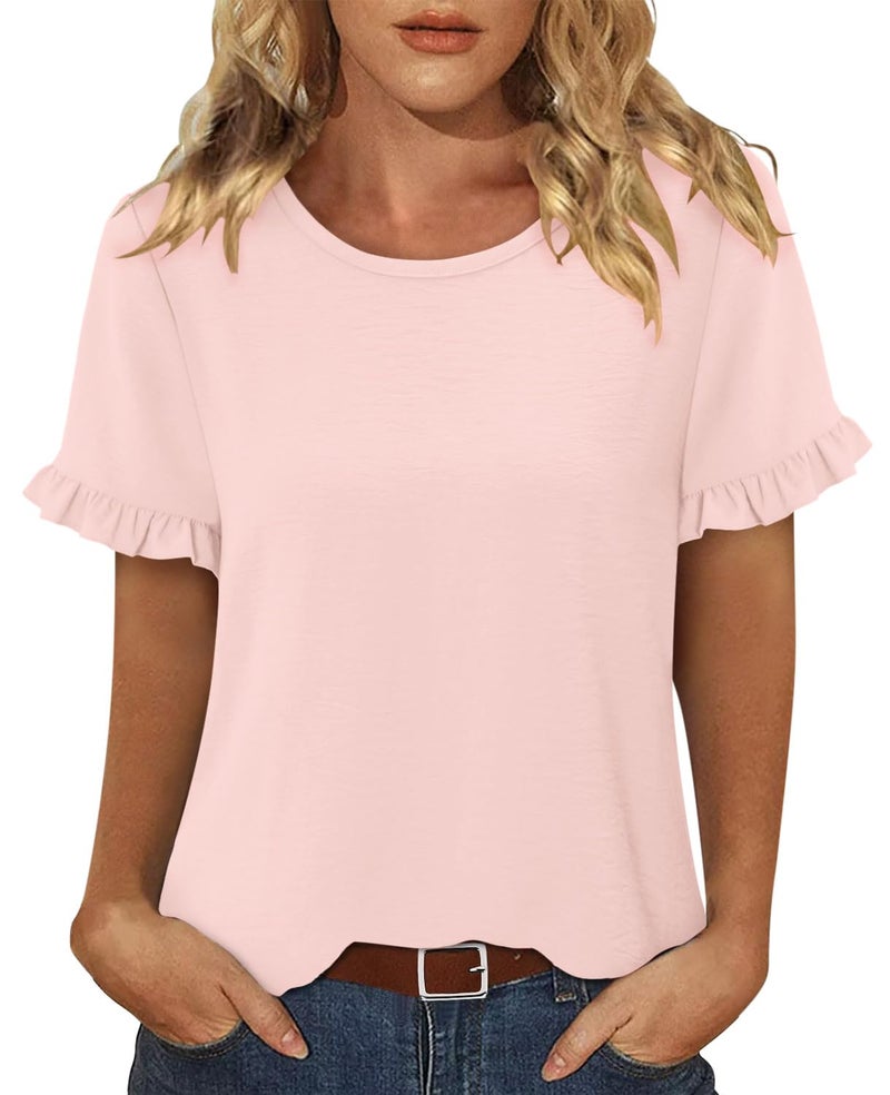 CRAZY GRID Women Summer Shirts Womens Pleated Tops 2025 Dressy Casual Crew Neck Short Sleeve Tunic Shirts Pink Blouse - Image 1