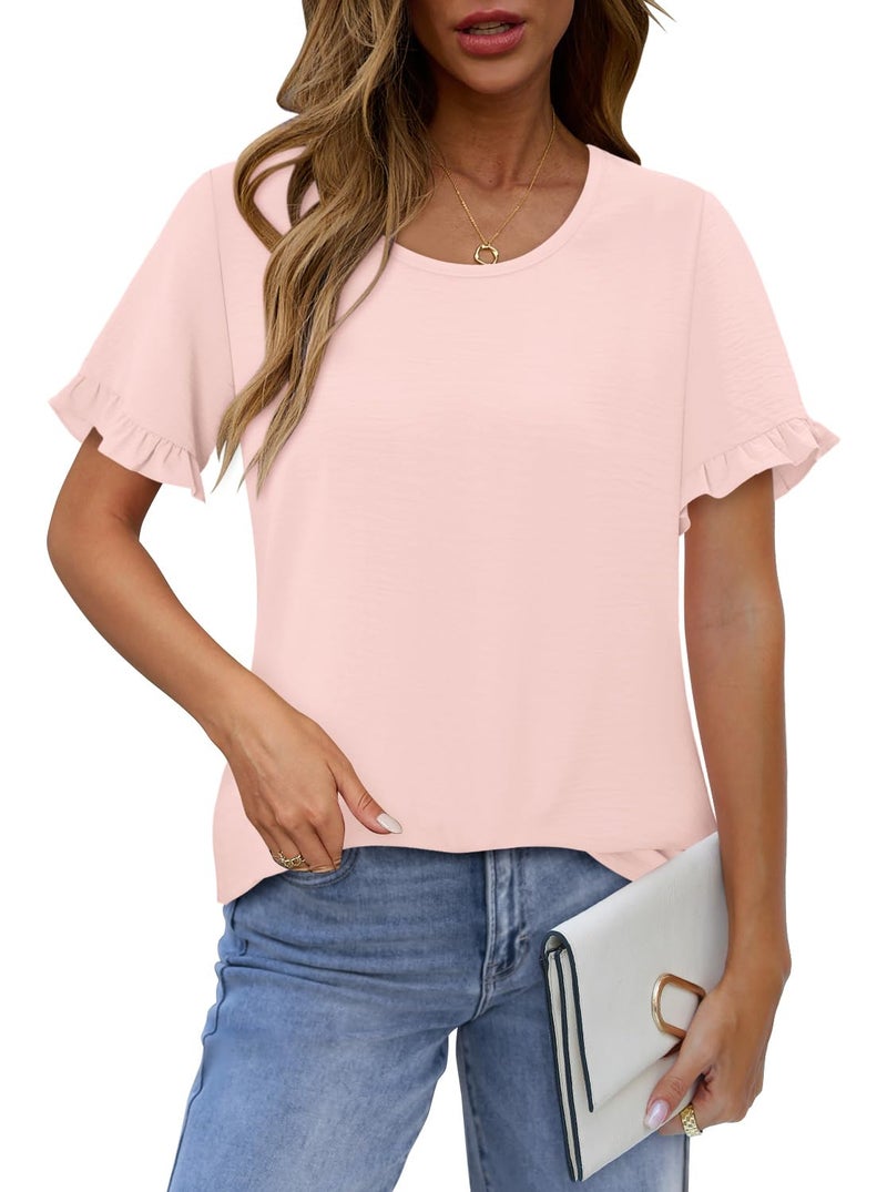 CRAZY GRID Women Summer Shirts Womens Pleated Tops 2025 Dressy Casual Crew Neck Short Sleeve Tunic Shirts Pink Blouse - Image 2