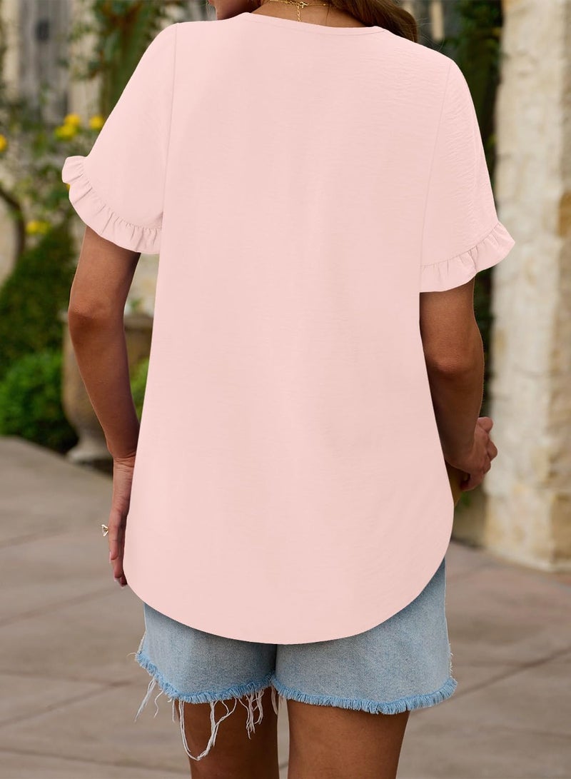 CRAZY GRID Women Summer Shirts Womens Pleated Tops 2025 Dressy Casual Crew Neck Short Sleeve Tunic Shirts Pink Blouse - Image 4