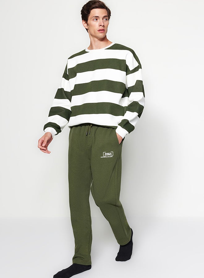 trendyol Khaki Regular/Normal Cut Minimal Fluffy Text Printed Thick Sweatpants with Fleece Inside TMNAW24EA00012  - Image 3
