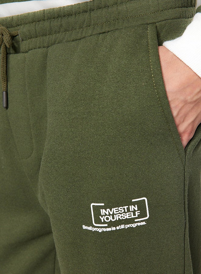 trendyol Khaki Regular/Normal Cut Minimal Fluffy Text Printed Thick Sweatpants with Fleece Inside TMNAW24EA00012  - Image 5