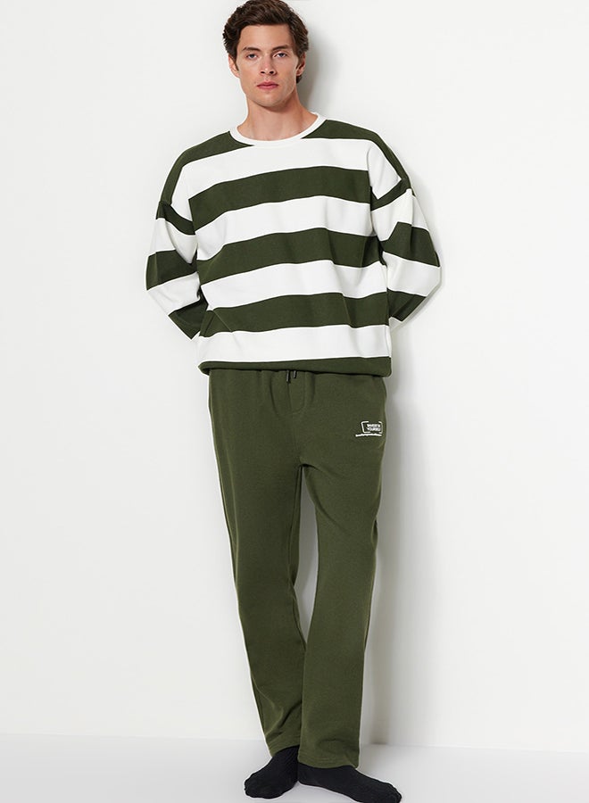 trendyol Khaki Regular/Normal Cut Minimal Fluffy Text Printed Thick Sweatpants with Fleece Inside TMNAW24EA00012  - Image 4