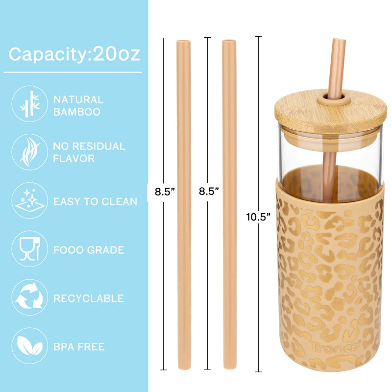 Tronco 20 oz Glass Tumbler with Lid and Straw, Iced Coffee Cup and Smoothie Cup with Bamboo Lids & Protective Silicone Sleeve, Dishwasher Safe, BPA-Free, Glass Cup 1 Pack - Image 2