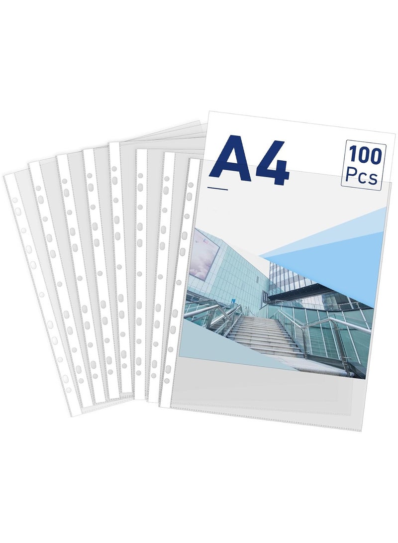 MOMENT حافظة شفافة A4، 100 قطعة من الأكياس البلاستيكية الشفافة المثقوبة لتخزين الأوراق والمستندات، بحجم A4 - Image 1