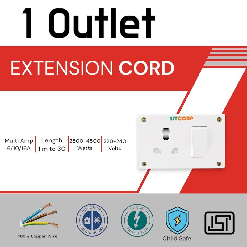 BITCORP Bitcorp Single Socket Extension Board 1 Way Plug and 1 Switch 15A 16A 20A 2500W 5 Meter Long Length Cable Cord Compatible with Ac Fridge Washing Machine Microwave and Heavy Appliances White  - Image 2