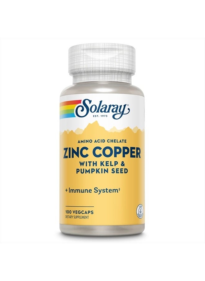 Solaray Zinc Copper Amino Acid Chelate - Immune Support Supplement w/Chelated Zinc 50mg - Bone, Skin, Heart Health and Thyroid Support - with Iodine from Kelp, 60-Day Guarantee, 100 Serv, 100 VegCaps  - Image 1
