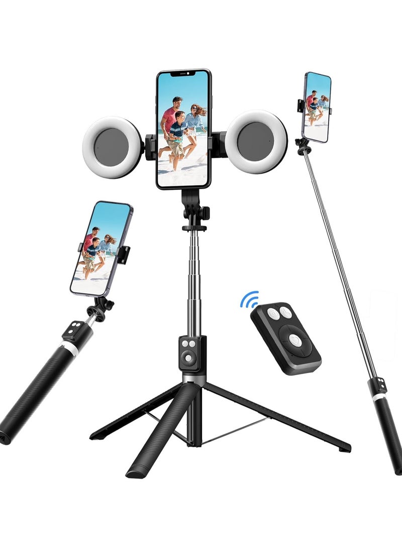 66.9 inches(170cm) Selfie Stick Tripod, Extendable Tripod with Rechargeable Bluetooth Remote,Removable 2pcs fill light， Compatible with iPhone and Android Smartphones, Perfect for Travel, Vlog, Video and Photo, Black - Image 1
