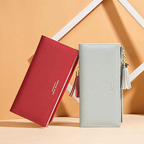 SUMGOGO Slim Wallet for Women Long Tassel Zipper Clutch Purse Handbag Card Case Wallet (Blue) - Image 2