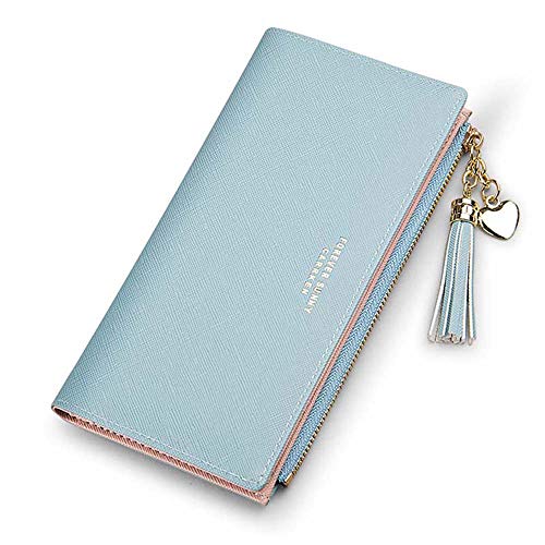 SUMGOGO Slim Wallet for Women Long Tassel Zipper Clutch Purse Handbag Card Case Wallet (Blue) - Image 1