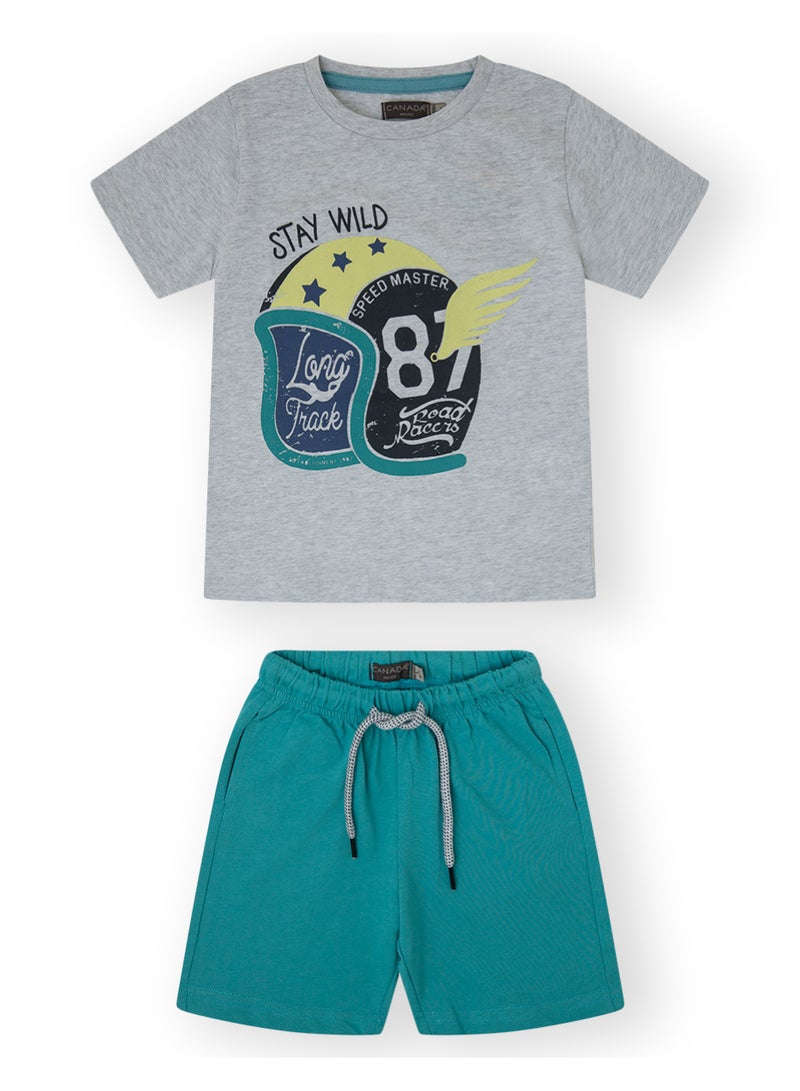 CANADA HOUSE Soft and Comfortable Grey and Green Cotton Comfortable Summer Set T-Shirt and Shorts For Boys - Image 1