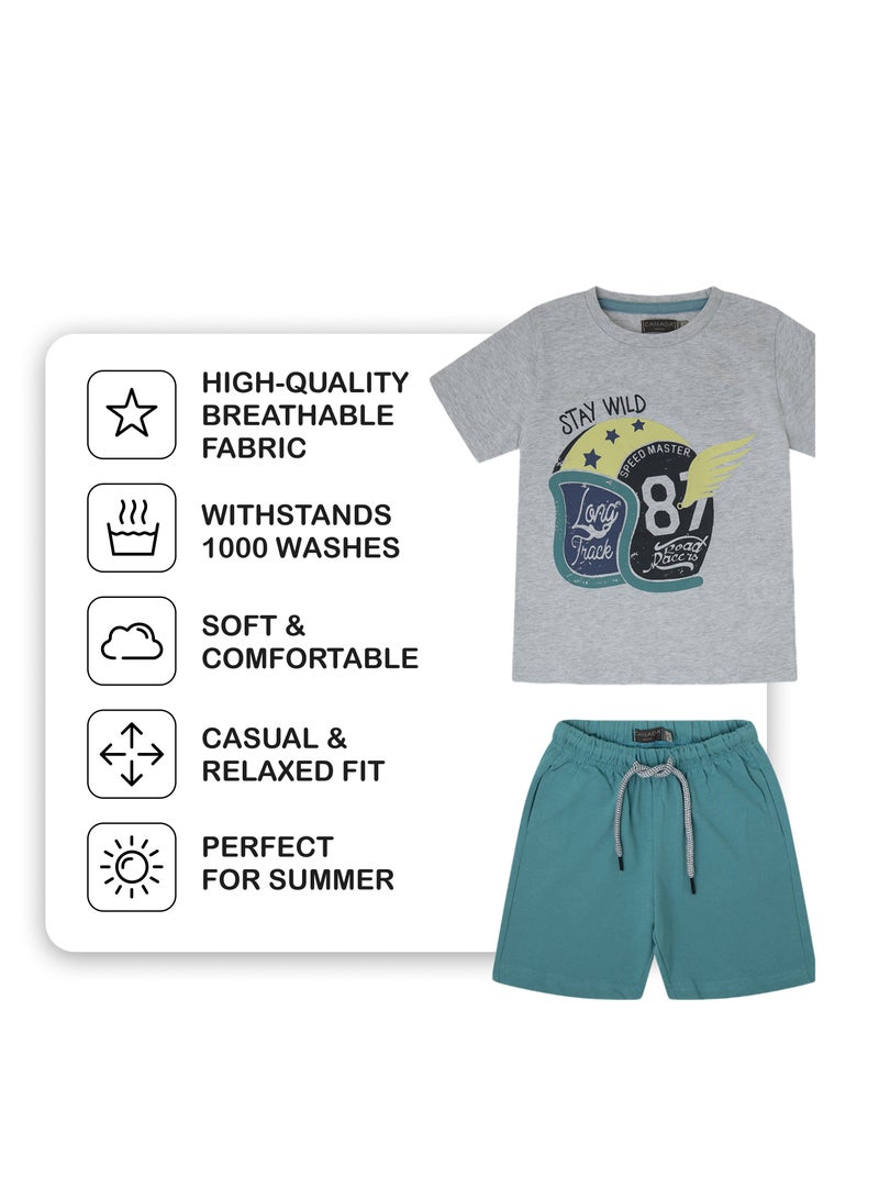 CANADA HOUSE Soft and Comfortable Grey and Green Cotton Comfortable Summer Set T-Shirt and Shorts For Boys - Image 3