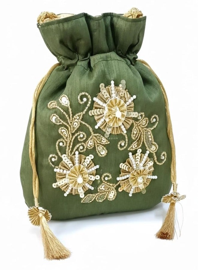 DUCHESS Silk Potli Bag for Women with Hand Embroidery & Pearl Detailing - Perfect for Weddings, Ethnic Wear, Return Gifts & Festive Events - Lightweight, Elegant Batua Purse Style. (Olive Green) - Image 3