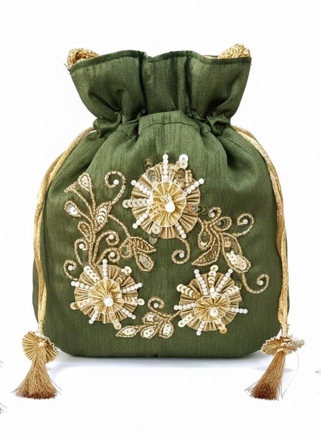 DUCHESS Silk Potli Bag for Women with Hand Embroidery & Pearl Detailing - Perfect for Weddings, Ethnic Wear, Return Gifts & Festive Events - Lightweight, Elegant Batua Purse Style. (Olive Green) - Image 1