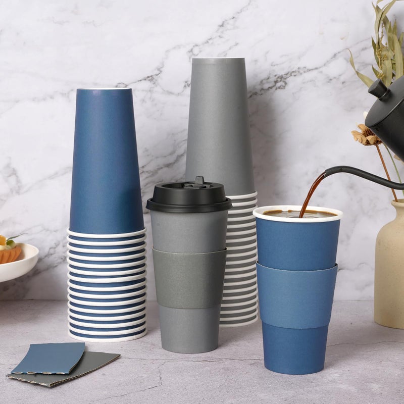 LITOPAK 100 Pack 20 oz Disposable Paper Coffee Cups with Lids  Sleeves and Stirring Sticks for Hot Coffee  Water or Juice  Blue and Gray Hot Paper Cups for Cafes  schools  offices  shops - Image 3