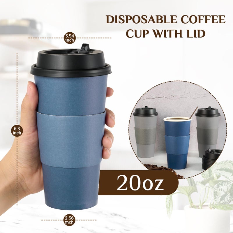 LITOPAK 100 Pack 20 oz Disposable Paper Coffee Cups with Lids  Sleeves and Stirring Sticks for Hot Coffee  Water or Juice  Blue and Gray Hot Paper Cups for Cafes  schools  offices  shops - Image 2